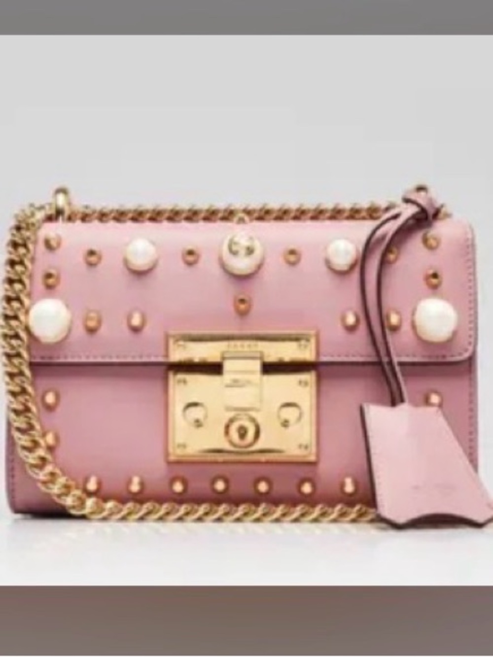 47 PRE-LOVED 2400.00 GUCCI Pink Leather Faux Pearl Stud Padlock Small Shoulder B